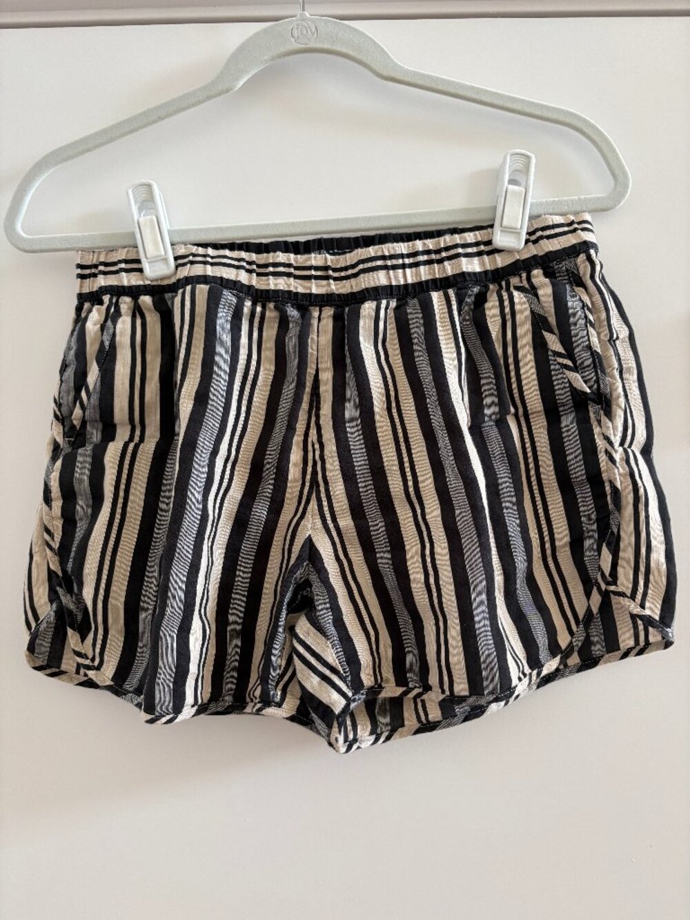 Madewell Pull-On Shorts Striped Elastic Waist Linen Cotton Black Cream EUC